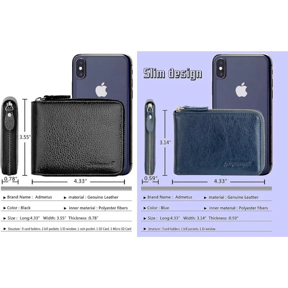 Men's Leather Navy Blue Bifold Beautiful Small Leather Credit Card Zipper Around